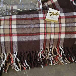 Vintage Plaid Tartan Blanket With Fringe 1970's In Original Zipper Pouch